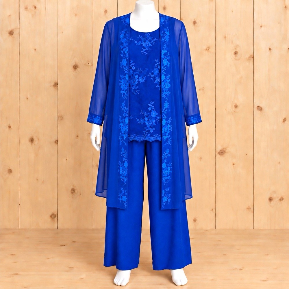 Women's Blue 3-Piece Chiffon Outfit Set Lace Top Sheer Jacket Wide-Leg Pants[Z]
